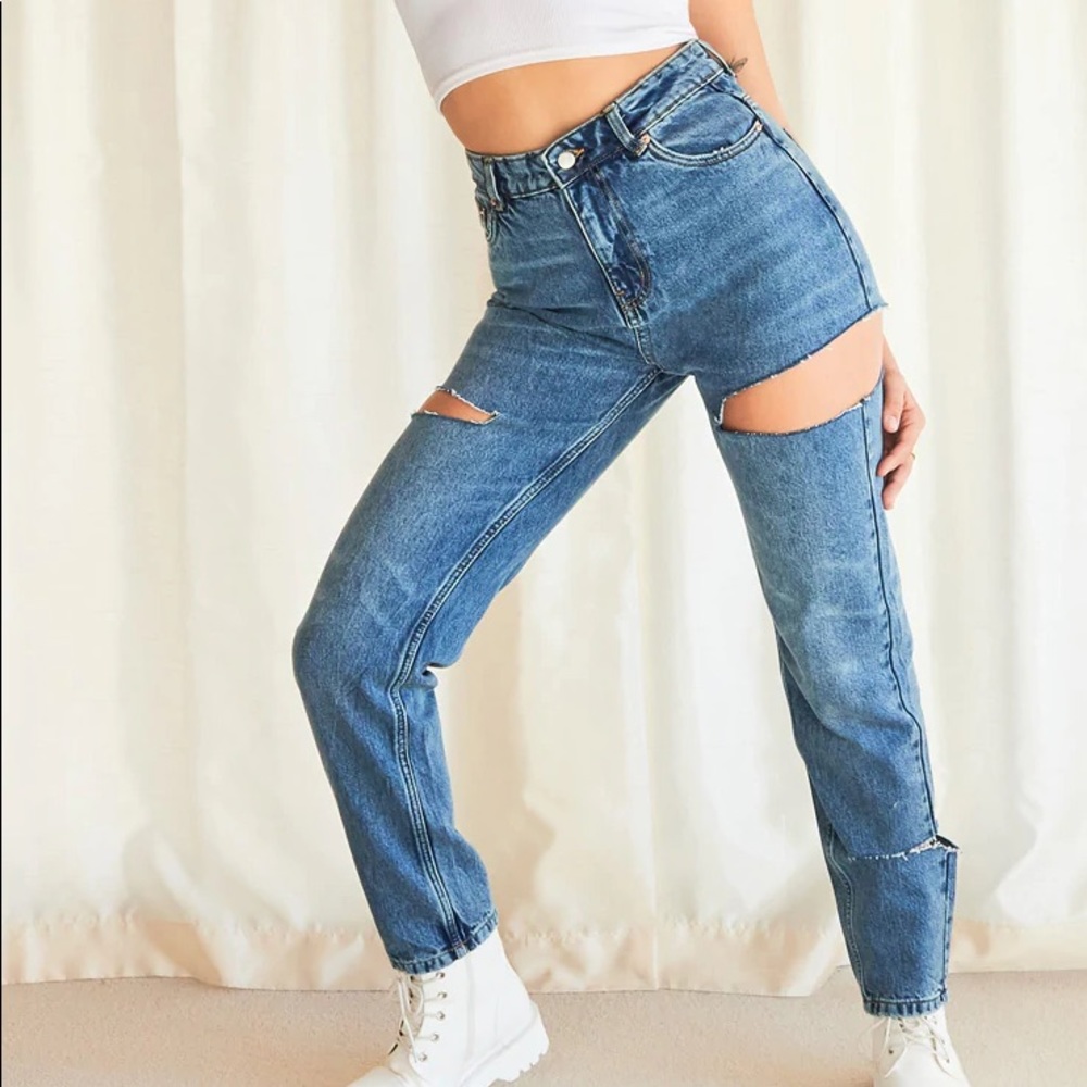 Vintage Wash Thigh Split Straight Leg Jeans